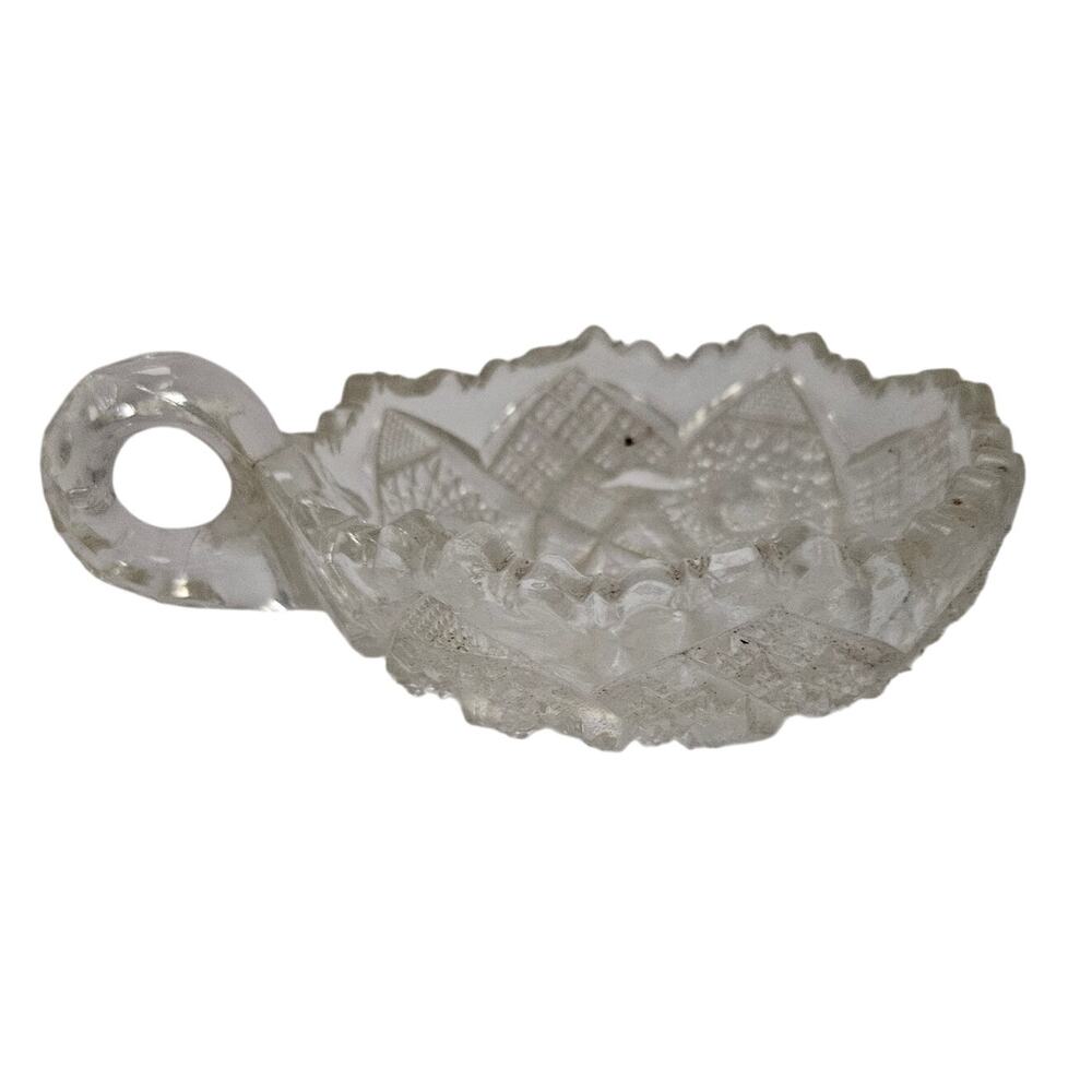 Vintage Pressed Glass Nappy Bowl Handled Dish Clear Geometric Star Pattern